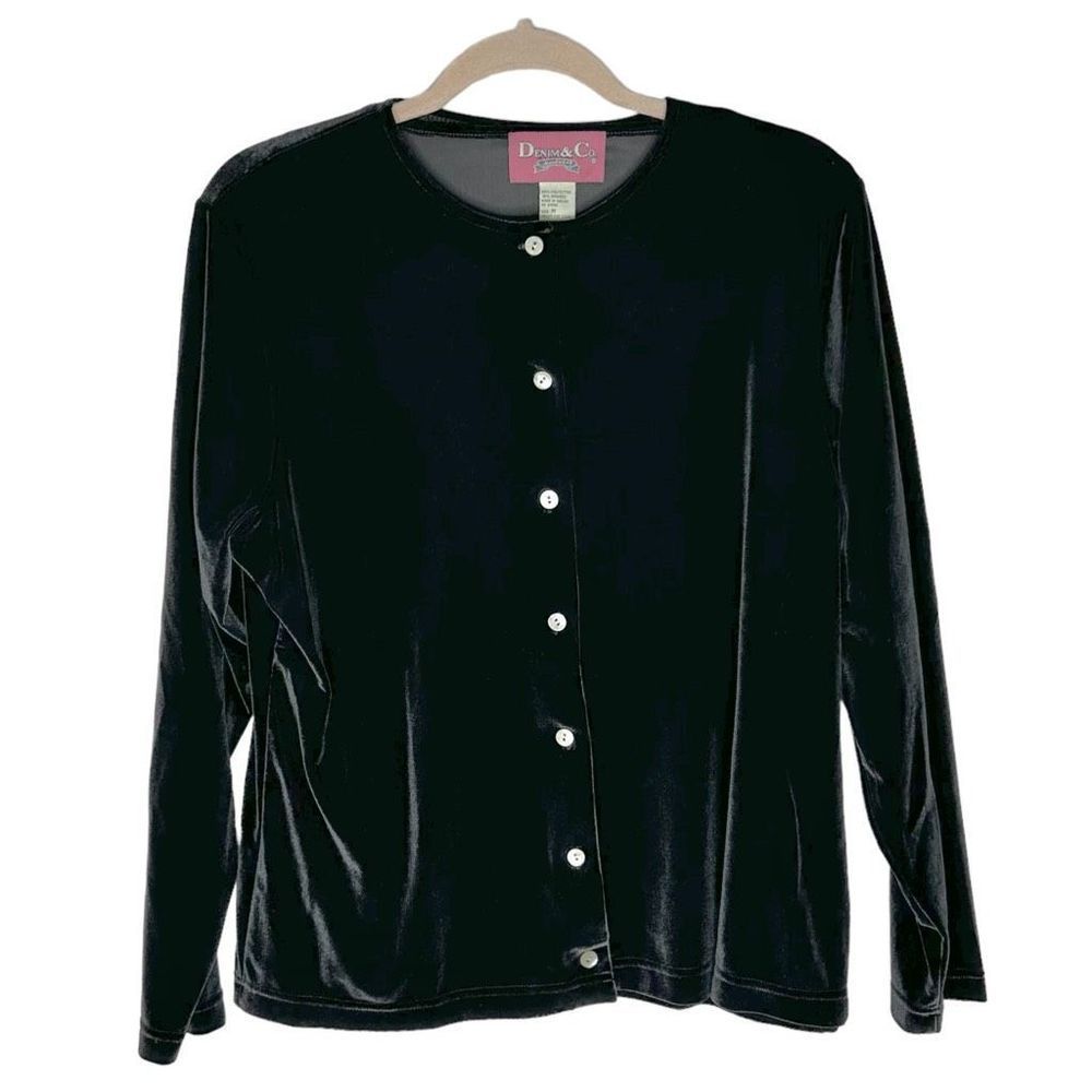 Denim & Co. 2 Pc Black Velvet Cardigan & Tank Set EUC Button Down Size M Stretch